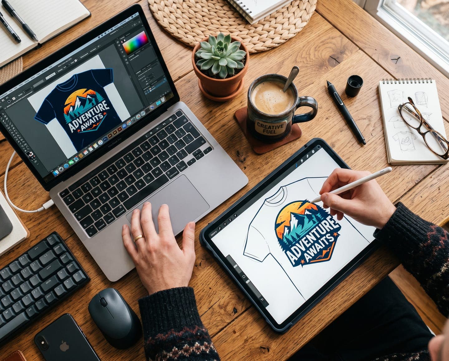 Diseñador trabajando con laptop y tableta gráfica